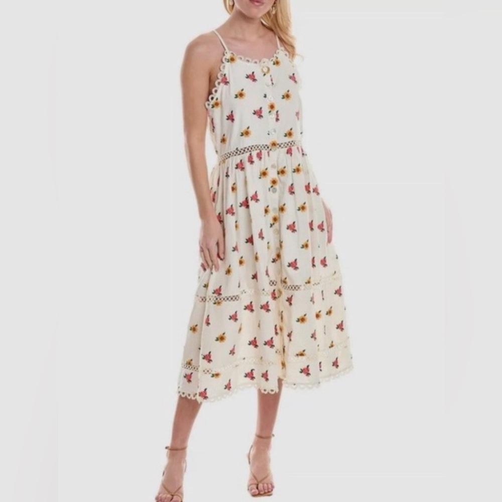 Farm Rio Mixed Cross Stitch Flowers linen-blend midi dress
